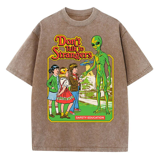 Cartoon Alien Klassische Kommunikation Druck Frauen T-shirt Atmungsaktive Baumwolle Kurzarm Gewaschen Vintage Abgenutzt Weibliche T Shirts Festival Outfits | Techno Shirts | Rave Clothing