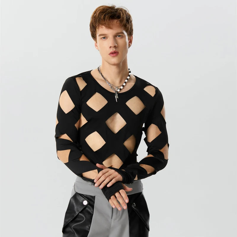 INCERUN Men Bodysuits Solid Color Hollow Out Sexy O-neck Long Sleeve Men T Shirts Rompers Streetwear 2024 Fashion Bodysuit S-3XL Festival Outfits | Techno Shirts | Rave Clothing