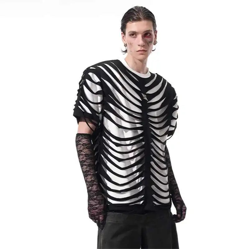 LUZHEN 2025 Sommer Neue Original Personalisierte Aushöhlen Patchwork Design Gefälschte Zwei Stück T-shirts männer High Street Tops JY1125 Festival Outfits | Techno Shirts | Rave Clothing