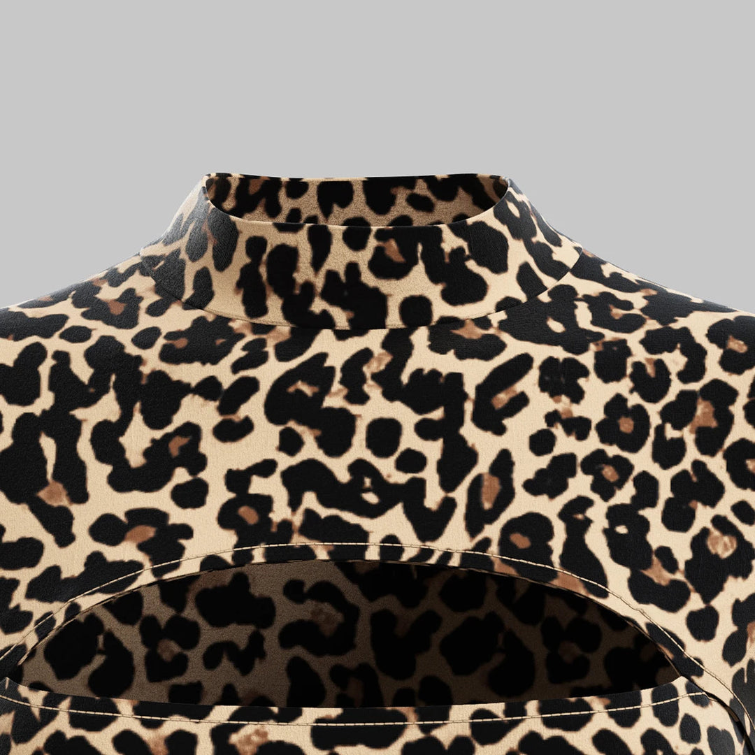 Mia Muse Damen-T-Shirts für alle Jahreszeiten, französische, sexy, ausgeschnittene, langärmlige, modische T-Shirts mit Leopardenmuster und Rundhalsausschnitt Festival Outfits | Techno Shirts | Rave Clothing