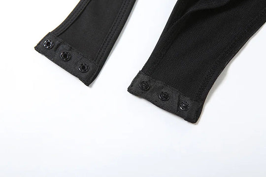 Schwarze Bandage aushöhlen Sexy Cyber Y2k Bodys Gothic Techwear Mesh Patchwork Tops weibliche Handschuh Ärmel Mock Neck Bodysuit Festival Outfits | Techno Shirts | Rave Clothing