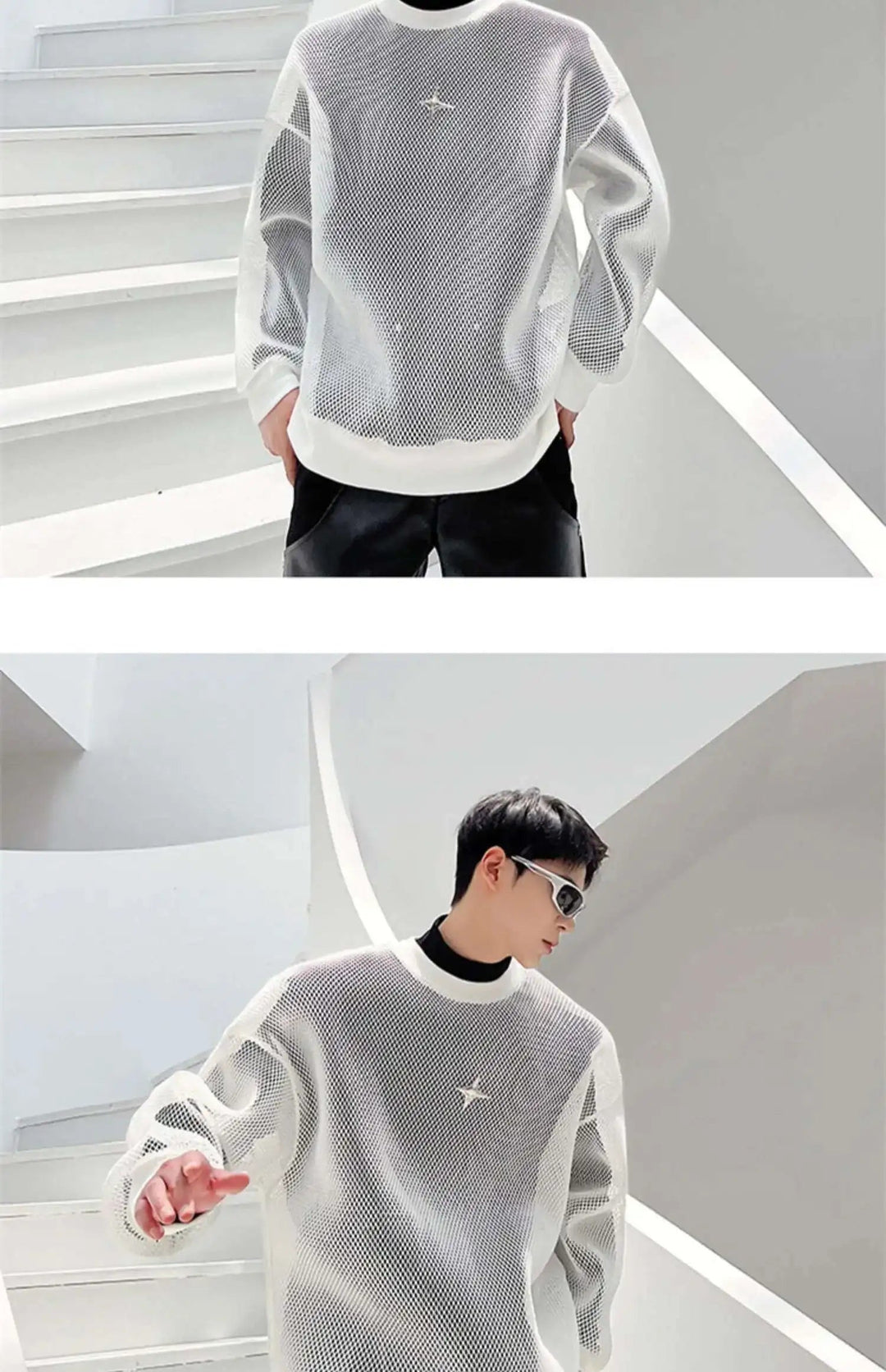 LUZHEN 2025 Frühling High Street Perspektive Original Mesh Design Pullover Herrenmode Metall Schnalle Schmücken Casual Tops LZ3027 Festival Outfits | Techno Shirts | Rave Clothing