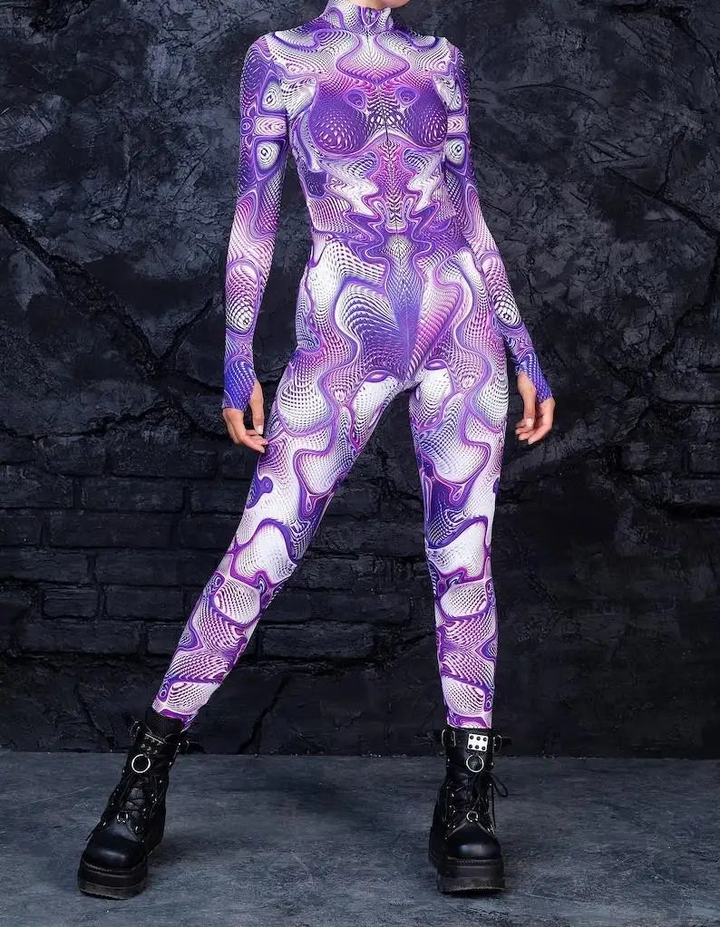 Colorful 3D Printing Women Holiday Party Cyber Punk Rainbow Jumpsuit Onesie Halloween Cosplay Costume Elastic Bodysuit Romper Festival Outfits | Techno Shirts | Rave Clothing