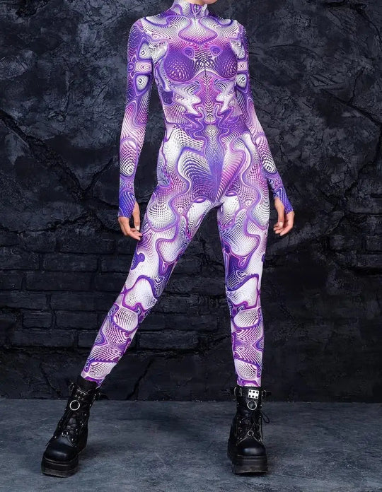 Colorful 3D Printing Women Holiday Party Cyber Punk Rainbow Jumpsuit Onesie Halloween Cosplay Costume Elastic Bodysuit Romper Festival Outfits | Techno Shirts | Rave Clothing