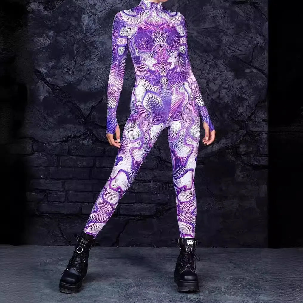 Colorful 3D Printing Women Holiday Party Cyber Punk Rainbow Jumpsuit Onesie Halloween Cosplay Costume Elastic Bodysuit Romper Festival Outfits | Techno Shirts | Rave Clothing