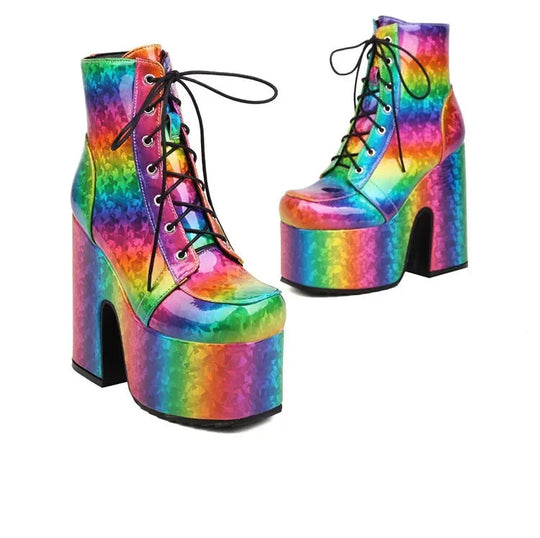 Frauen Regenbogen Stiefel bunte Farbverlauf Schnür plattform Gothic Halloween Fledermaus Schuhe High Heels Winter warme Knöchel Motorrad Stiefel Festival Outfits | Techno Shirts | Rave Clothing