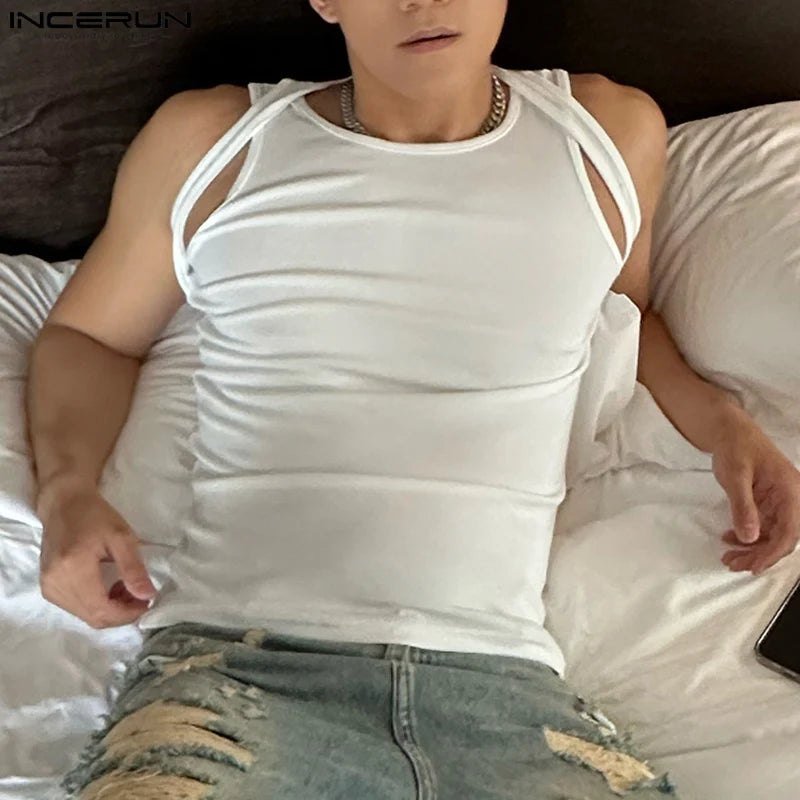 Incerun Tops 2024 koreanischen Stil Männer Schulter gurt Design sexy elastische Westen lässig gut sitzende solide ärmellose Weste S-5XL Festival Outfits | Techno Shirts | Rave Clothing