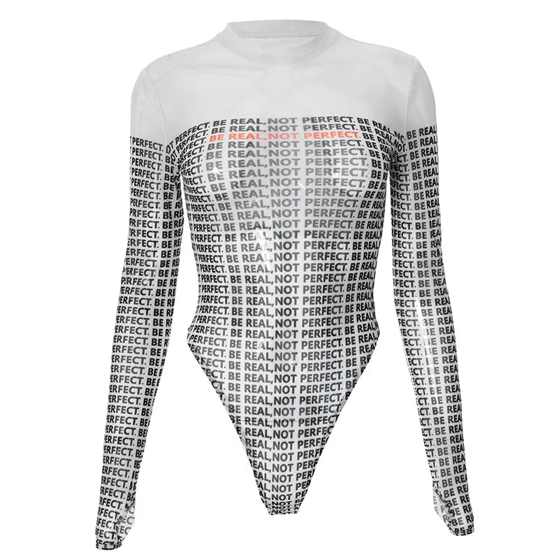 Shestyle Brief Gedruckt Mesh Transparent Bodystui Frauen Getäfelten Zeitung Langarm Rundhals T-Shirts Tanga Schöne Heiße Festival Outfits | Techno Shirts | Rave Clothing