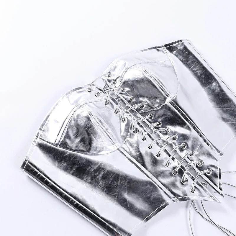 Sexy Frauen Shiny Gold Silber Bustier Crop Tops Helle PU Leder Krone Gürtel Abnehmen Taille Liebsten Low-cut Korsett top Sommer Festival Outfits | Techno Shirts | Rave Clothing