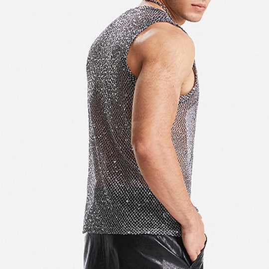 2024 Summer New Fashion Glitter Sequin Tank Tops Men Sexy Partywear Hollow Out Transparent Camisoles Mens Vintage Mesh Vest Top Festival Outfits | Techno Shirts | Rave Clothing