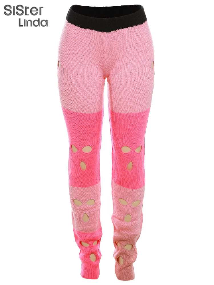Sister linda gestrickte hipster chic y2k hohle hose frauen zerrissen elastische hohe taille lässige basi hose weibliche hosen streetwear FESTIVAL OUTFITS & STREETWEAR