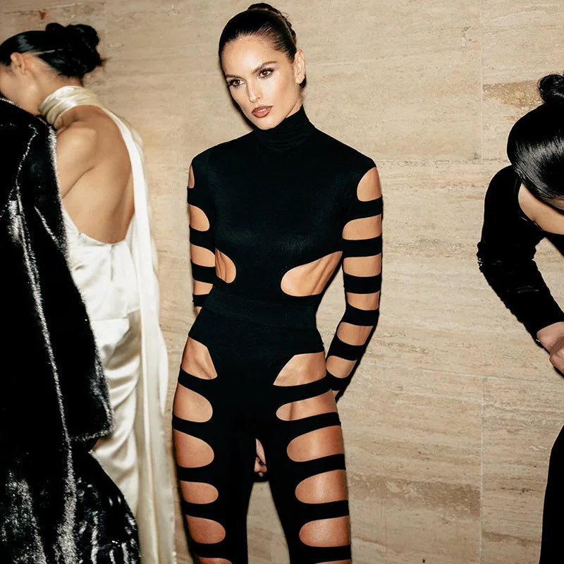 2024 neuer Stil hohler sexy Langarm-Overall asymmetrischer Hot-Girl-Persönlichkeitsanzug Festival Outfits | Techno Shirts | Rave Clothing