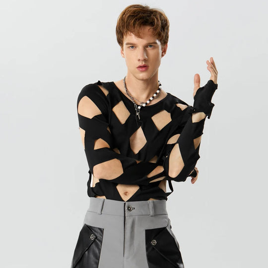 INCERUN Men Bodysuits Solid Color Hollow Out Sexy O-neck Long Sleeve Men T Shirts Rompers Streetwear 2024 Fashion Bodysuit S-3XL Festival Outfits | Techno Shirts | Rave Clothing