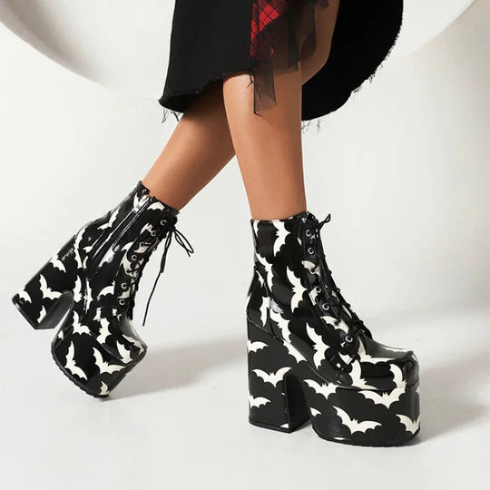 Frauen Regenbogen Stiefel bunte Farbverlauf Schnür plattform Gothic Halloween Fledermaus Schuhe High Heels Winter warme Knöchel Motorrad Stiefel Festival Outfits | Techno Shirts | Rave Clothing