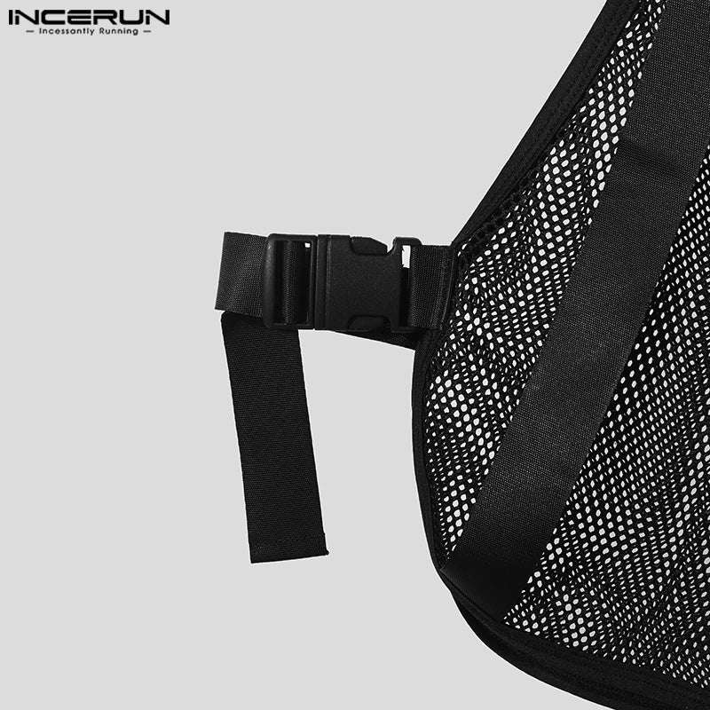 INCERUN Tops 2024 Korean Style Fashion Mens Mesh Hollow Buckle Vests Casual Sexy Male Thin Breathable Sleeveless Tank Tops S-5XL Festival Outfits | Techno Shirts | Rave Clothing