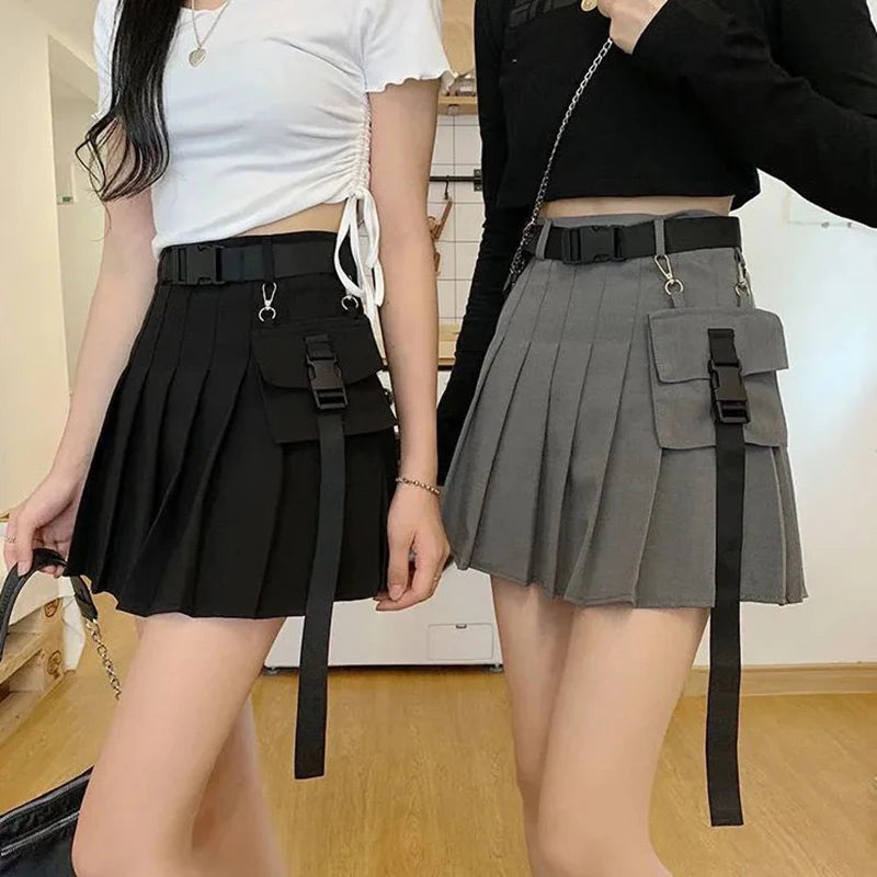 Zoki Harajuku Gürtel Plissee Cargo Rock Frauen Mode Gothic Hohe Taille Tasche Mini Röcke Mode Sommer Dame EINE Linie Schwarz Rock Festival Outfits | Techno Shirts | Rave Clothing