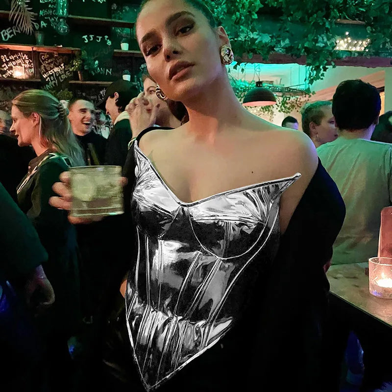 Sexy Frauen Shiny Gold Silber Bustier Crop Tops Helle PU Leder Krone Gürtel Abnehmen Taille Liebsten Low-cut Korsett top Sommer Festival Outfits | Techno Shirts | Rave Clothing