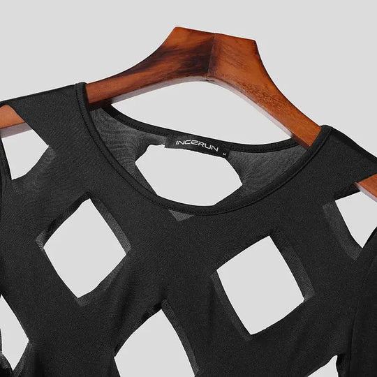 INCERUN Men Bodysuits Solid Color Hollow Out Sexy O-neck Long Sleeve Men T Shirts Rompers Streetwear 2024 Fashion Bodysuit S-3XL Festival Outfits | Techno Shirts | Rave Clothing