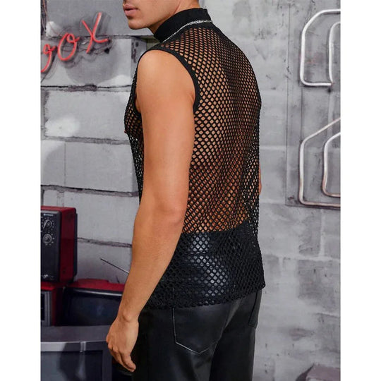 Men's Leather Stitching Net Shirt Motorcycle Leather Vest Top Sexy See-through Hooded Vest Muscular Men Fitness Vest Tank Top Me Festival Outfits | Techno Shirts | Rave Clothing