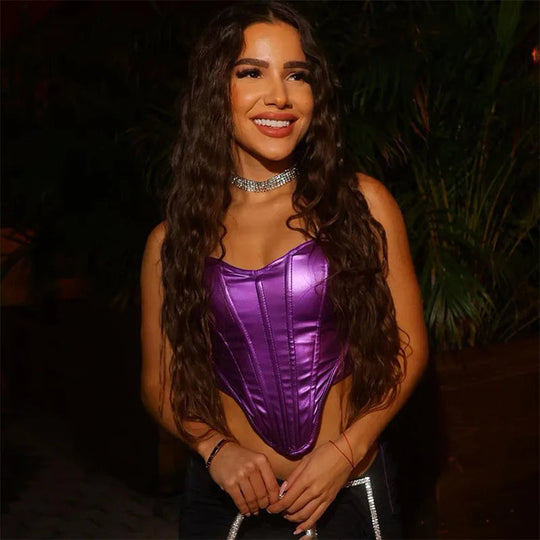 Sexy Frauen Shiny Gold Silber Bustier Crop Tops Helle PU Leder Krone Gürtel Abnehmen Taille Liebsten Low-cut Korsett top Sommer Festival Outfits | Techno Shirts | Rave Clothing