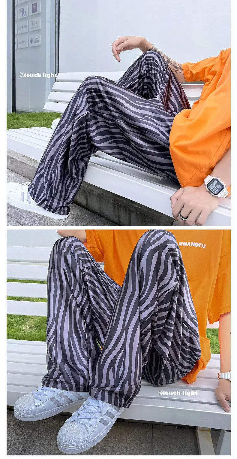 LUZHEN 2025 Sommer Farbe Kontrast Streifen Gedruckt Eis Seide Casual Hosen männer Hohe Qualität Gerade Elastische Taille Hose JY1307 Festival Outfits | Techno Shirts | Rave Clothing