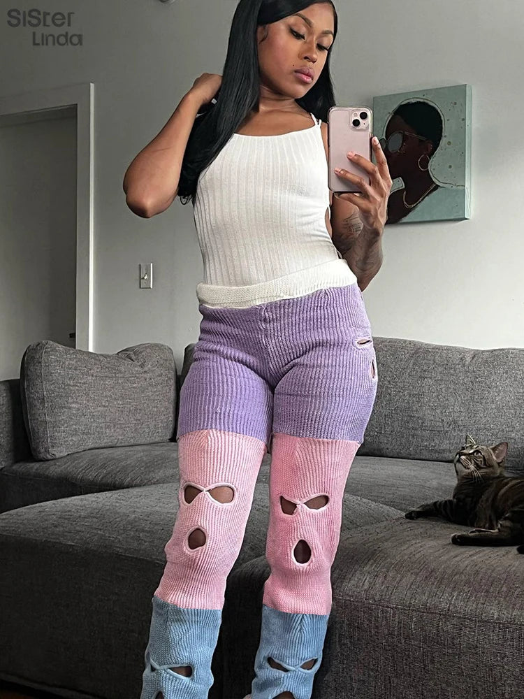 Sister linda gestrickte hipster chic y2k hohle hose frauen zerrissen elastische hohe taille lässige basi hose weibliche hosen streetwear FESTIVAL OUTFITS & STREETWEAR