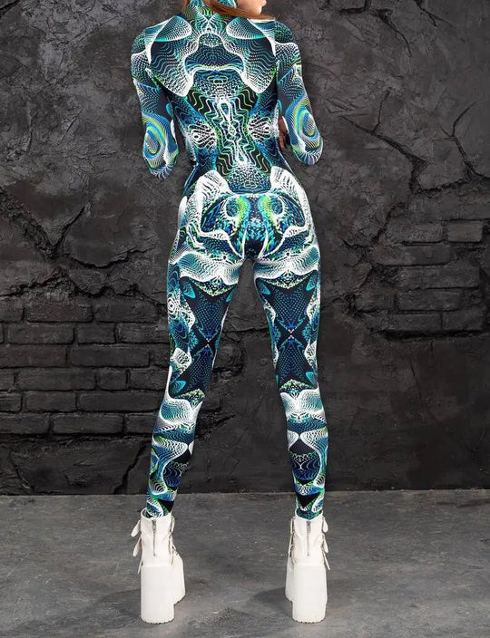 Colorful 3D Printing Women Holiday Party Cyber Punk Rainbow Jumpsuit Onesie Halloween Cosplay Costume Elastic Bodysuit Romper Festival Outfits | Techno Shirts | Rave Clothing