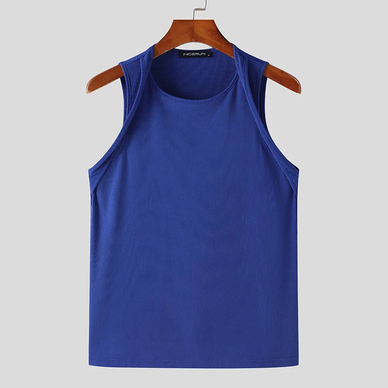 Incerun Tops 2024 koreanischen Stil Männer Schulter gurt Design sexy elastische Westen lässig gut sitzende solide ärmellose Weste S-5XL Festival Outfits | Techno Shirts | Rave Clothing