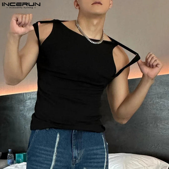 Incerun Tops 2024 koreanischen Stil Männer Schulter gurt Design sexy elastische Westen lässig gut sitzende solide ärmellose Weste S-5XL Festival Outfits | Techno Shirts | Rave Clothing