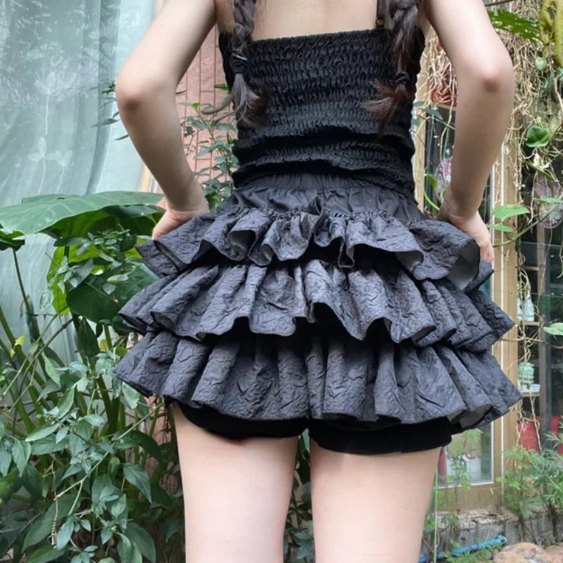 Kawaii Lolita Rock Shorts Frauen Sommer Rüschen Patchwork Layered Hohe Taille Nette Balletcore Mini Rock Tutu Petticoat Festival Outfits | Techno Shirts | Rave Clothing