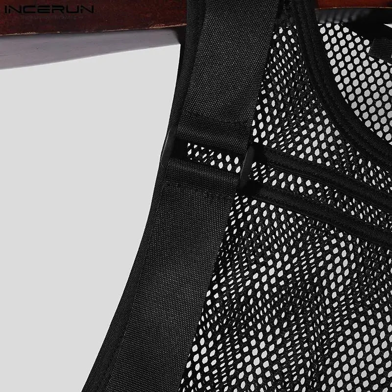 INCERUN Tops 2024 Korean Style Fashion Mens Mesh Hollow Buckle Vests Casual Sexy Male Thin Breathable Sleeveless Tank Tops S-5XL Festival Outfits | Techno Shirts | Rave Clothing