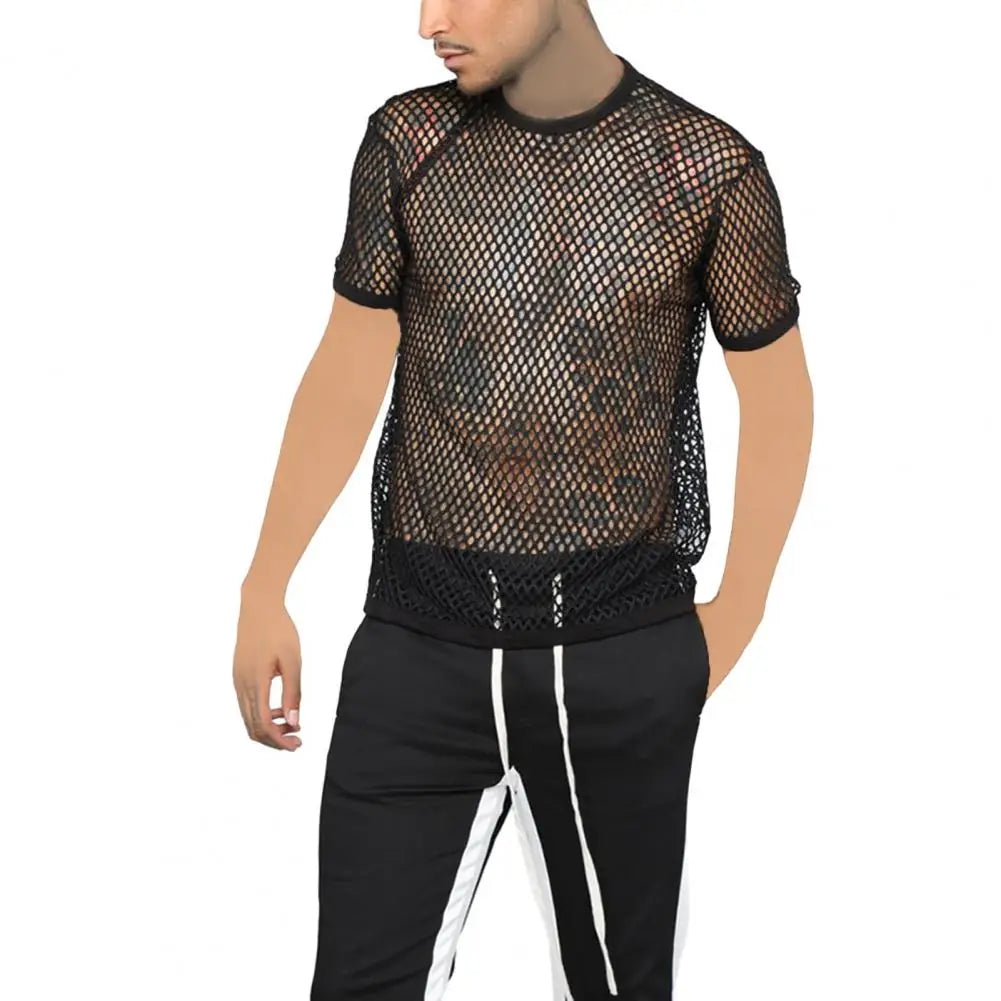 Men Top Clubwear Hollow Out Color Fishnet Block Round Neck Short Sleeves See-through Streetwear Loose Breathable Men Party T-shi Festival Outfits | Techno Shirts | Rave Clothing