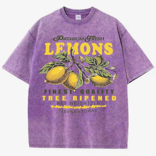 Premium Fresh Lemons Fruit Print Damen Washed T-Shirts Y2K Bequemes, kurzärmliges, lockeres All-Match-T-Shirt aus Baumwolle Hip-Hop-Top Festival Outfits | Techno Shirts | Rave Clothing