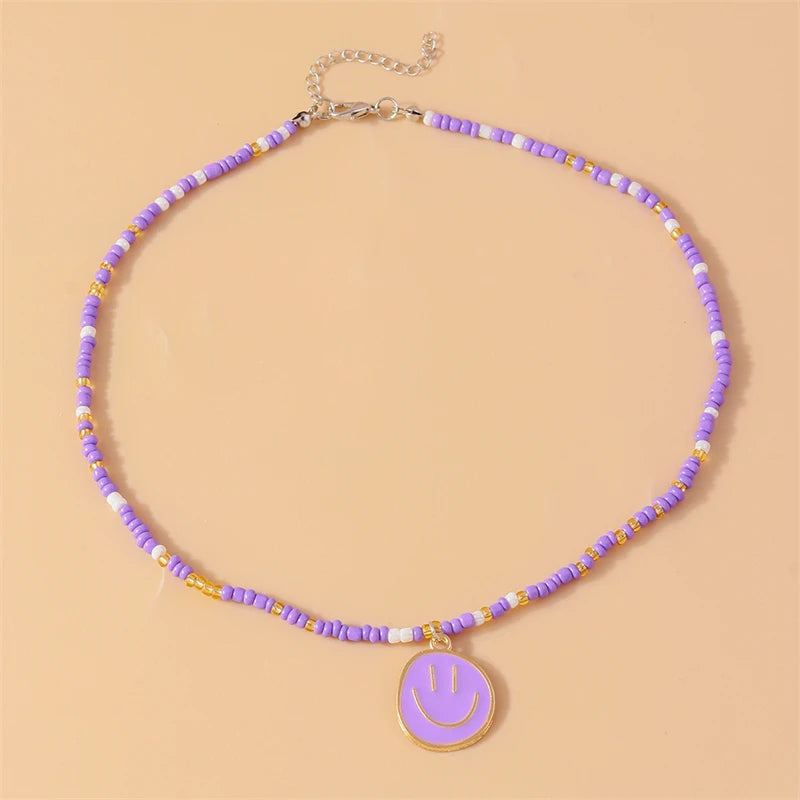 Mode Bunte Lächeln Gesicht Anhänger Halskette für Frauen Handgemachte Perlen Halskette Mädchen Party Festival Schmuck Geschenke Festival Outfits | Techno Shirts | Rave Clothing