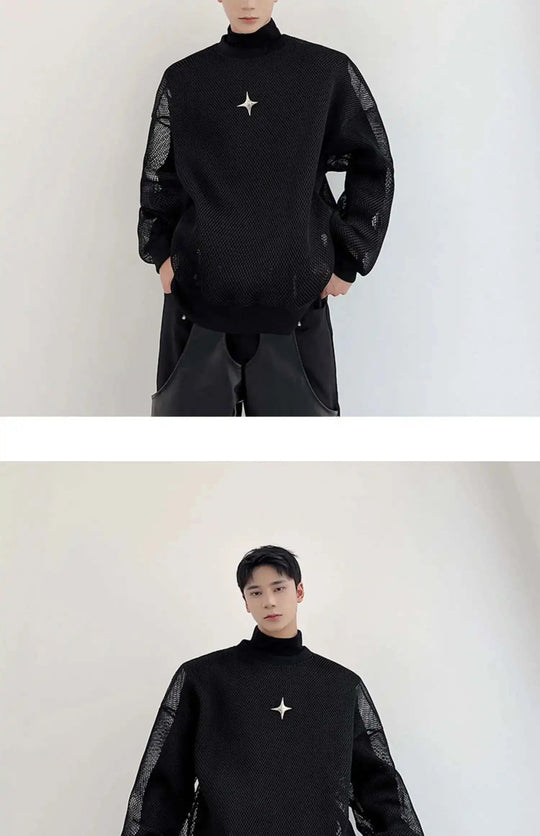 LUZHEN 2025 Frühling High Street Perspektive Original Mesh Design Pullover Herrenmode Metall Schnalle Schmücken Casual Tops LZ3027 Festival Outfits | Techno Shirts | Rave Clothing