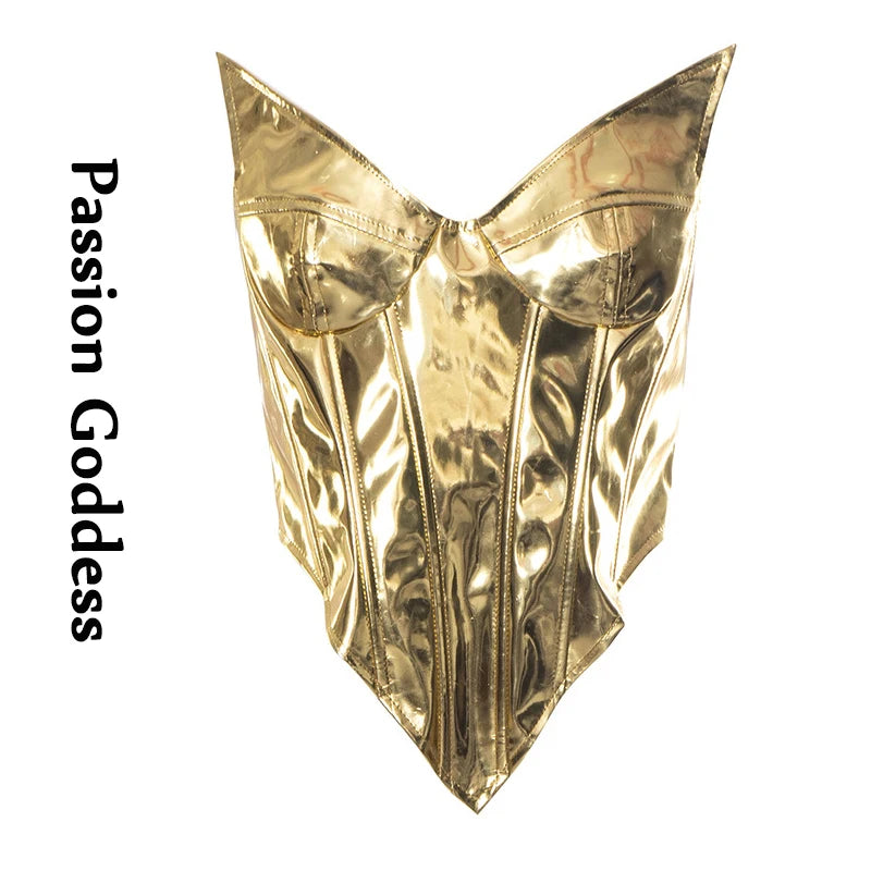 Sexy Frauen Shiny Gold Silber Bustier Crop Tops Helle PU Leder Krone Gürtel Abnehmen Taille Liebsten Low-cut Korsett top Sommer Festival Outfits | Techno Shirts | Rave Clothing