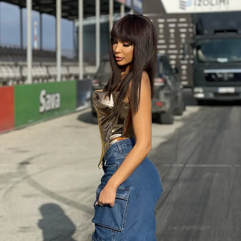 Sexy Frauen Shiny Gold Silber Bustier Crop Tops Helle PU Leder Krone Gürtel Abnehmen Taille Liebsten Low-cut Korsett top Sommer Festival Outfits | Techno Shirts | Rave Clothing