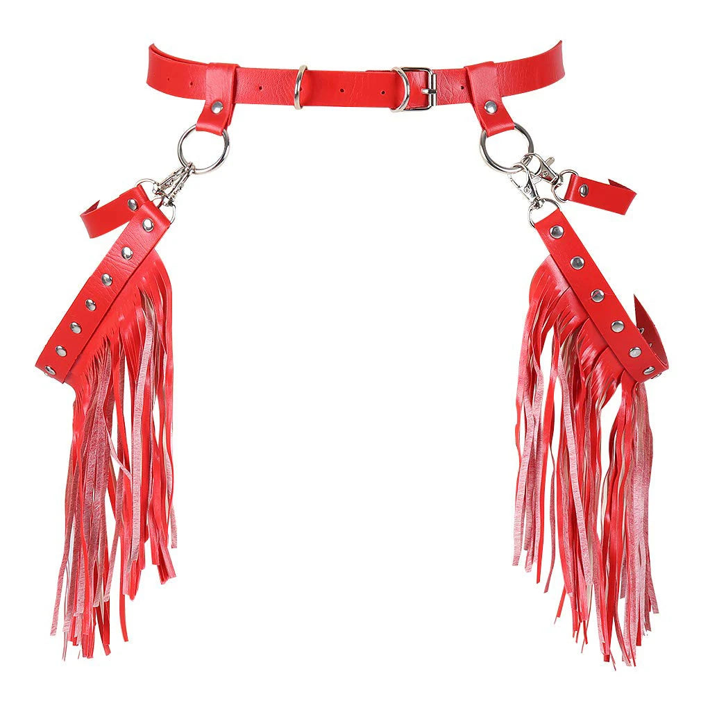 Women Sexy Harness Belt Denim printed white Tassels Short Leather Skirt Pu Leather Punk Gothic Cowboy Girl Wild Holiday Attire Festival Outfits | Techno Shirts | Rave Clothing