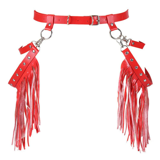 Women Sexy Harness Belt Denim printed white Tassels Short Leather Skirt Pu Leather Punk Gothic Cowboy Girl Wild Holiday Attire Festival Outfits | Techno Shirts | Rave Clothing