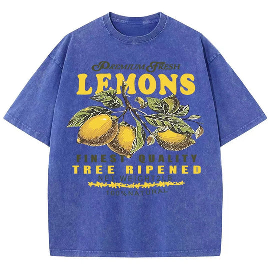 Premium Fresh Lemons Fruit Print Damen Washed T-Shirts Y2K Bequemes, kurzärmliges, lockeres All-Match-T-Shirt aus Baumwolle Hip-Hop-Top Festival Outfits | Techno Shirts | Rave Clothing