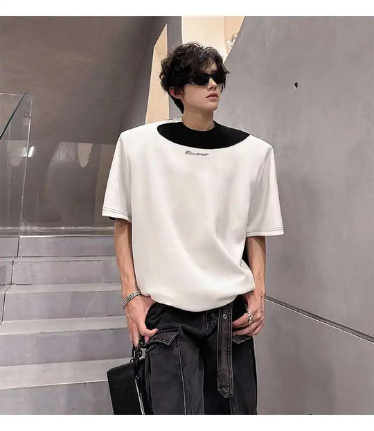 LUZHEN Original Personalisierte Farbe Kontrast Design Kurzarm T-shirts 2025, Sommer Hübsche Schulter Pad Casual Tops JY1473 Festival Outfits | Techno Shirts | Rave Clothing