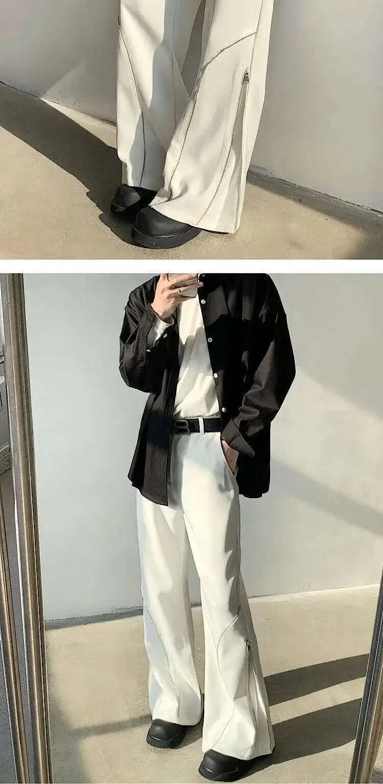 LUZHEN 2025 Frühjahr Neue Original Elegante Einfarbig Casual Hosen Herrenmode Zipper Bein Design Lose Männliche Horn Hosen LZ8361 Festival Outfits | Techno Shirts | Rave Clothing