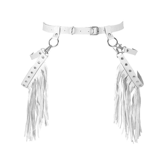 Women Sexy Harness Belt Denim printed white Tassels Short Leather Skirt Pu Leather Punk Gothic Cowboy Girl Wild Holiday Attire Festival Outfits | Techno Shirts | Rave Clothing