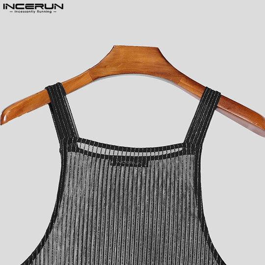INCERUN Tops 2025 American Style Fashion Men Sparkling Fabric Stripe Perspective Mesh Vests Casual Clubwear Male Thin Tank Tops Festival Outfits | Techno Shirts | Rave Clothing