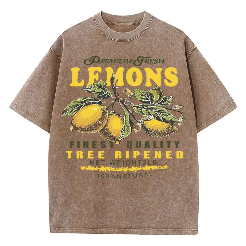 Premium Fresh Lemons Fruit Print Damen Washed T-Shirts Y2K Bequemes, kurzärmliges, lockeres All-Match-T-Shirt aus Baumwolle Hip-Hop-Top Festival Outfits | Techno Shirts | Rave Clothing