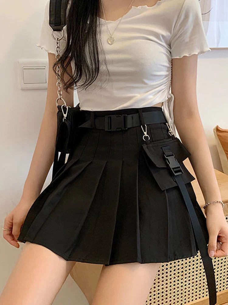 Zoki Harajuku Gürtel Plissee Cargo Rock Frauen Mode Gothic Hohe Taille Tasche Mini Röcke Mode Sommer Dame EINE Linie Schwarz Rock Festival Outfits | Techno Shirts | Rave Clothing
