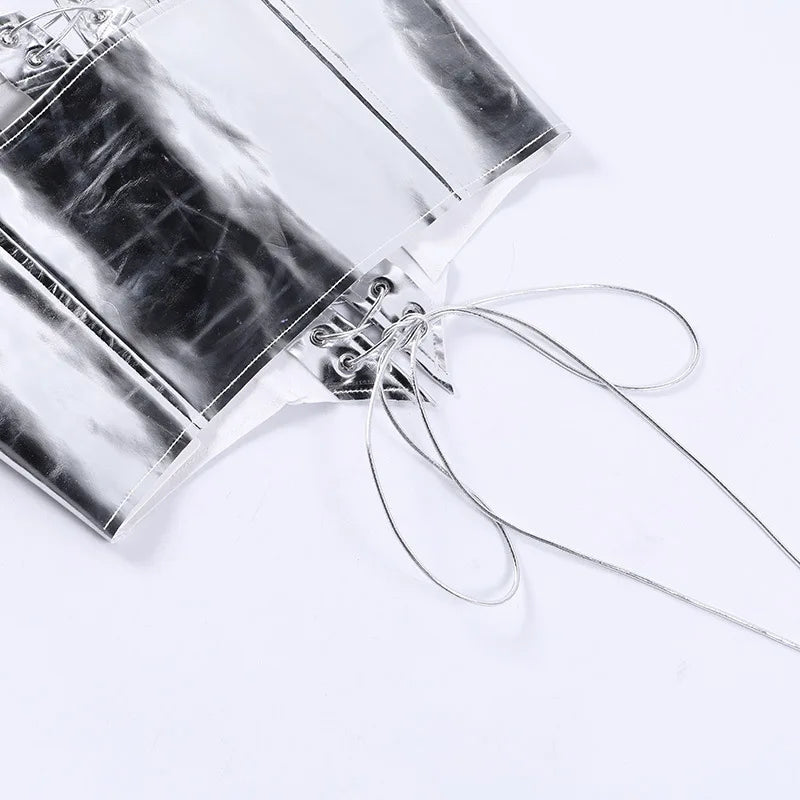 Sexy Frauen Shiny Gold Silber Bustier Crop Tops Helle PU Leder Krone Gürtel Abnehmen Taille Liebsten Low-cut Korsett top Sommer Festival Outfits | Techno Shirts | Rave Clothing