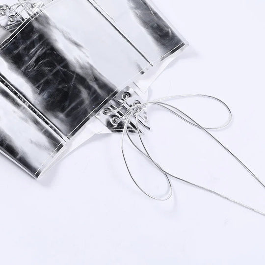 Sexy Frauen Shiny Gold Silber Bustier Crop Tops Helle PU Leder Krone Gürtel Abnehmen Taille Liebsten Low-cut Korsett top Sommer Festival Outfits | Techno Shirts | Rave Clothing