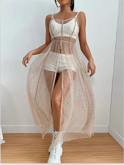 Frauen Glänzende Pailletten Cover Up Kleid Casual Ärmelloses Rückenfreies Sheer Mesh Lose Split Kleid Sommer Urlaub  Strandkittel Festival Outfits | Techno Shirts | Rave Clothing