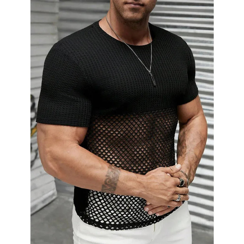 Men's Leather Stitching Net Shirt Motorcycle Leather Vest Top Sexy See-through Hooded Vest Muscular Men Fitness Vest Tank Top Me Festival Outfits | Techno Shirts | Rave Clothing